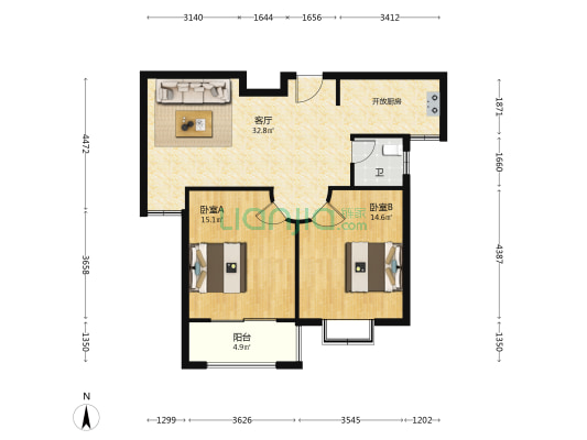 跃南新苑 2室1厅1卫 91平方