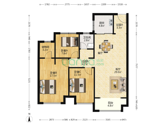 华润悦景湾 3室1厅1卫 118平方