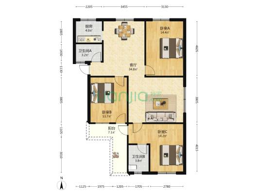 进出口贸易公司宿舍 3室1厅2卫 100平方
