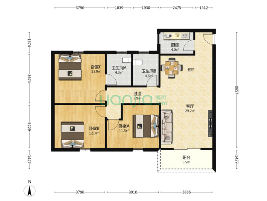 光大花园金碧苑 3室1厅2卫 102平方
