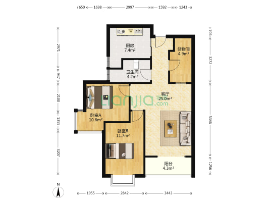 联合福邸 2室1厅1卫 92平方