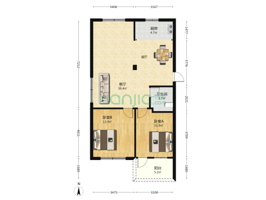 新南方花园 2室1厅1卫 92平方