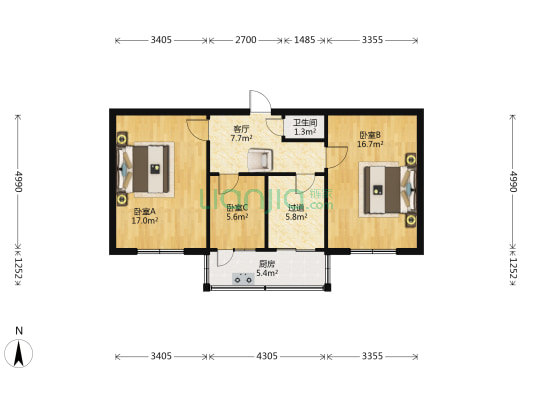 桃园二巷外贸宿舍 3室1厅1卫 70平方