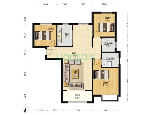 华阳路天伦湾嘉园，小区环境优美，集中供暖三居室。-户型图