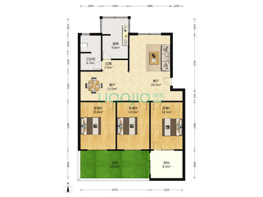 胜鸿小区 3室2厅1卫 126平方