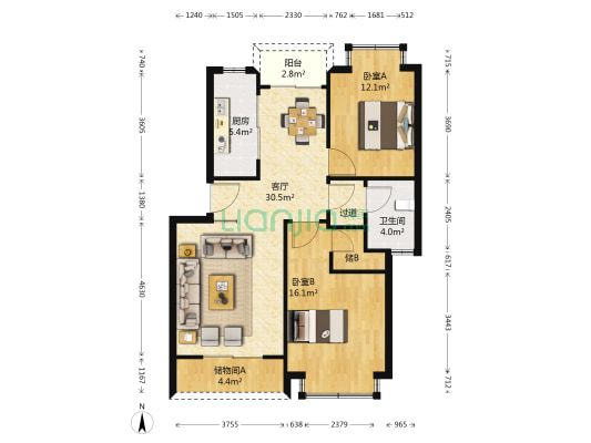 东方绿洲 2室1厅1卫 88平方
