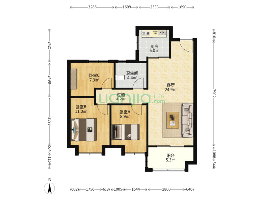 保利时代 3室1厅1卫 96平方