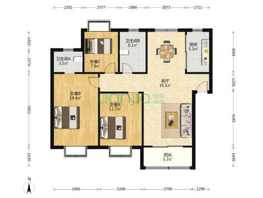 东山大道3号 3室1厅2卫 114平方