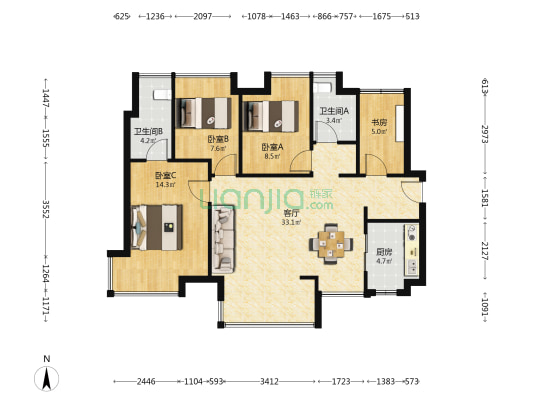 保利珑悦 4室1厅2卫 95平方