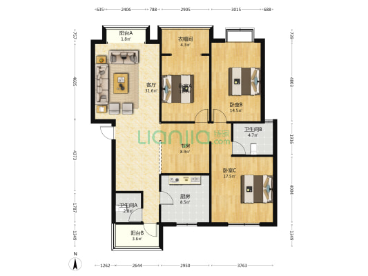 温馨家园 4室1厅2卫 127平方