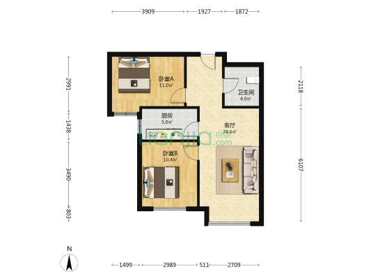 14号楼 视野开阔大2居 精装修 楼层不高 看房方便-户型图