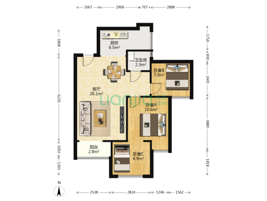 蓝光COCO蜜城 3室1厅1卫 80平方