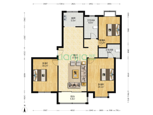 白云花园 3室1厅2卫 146平方