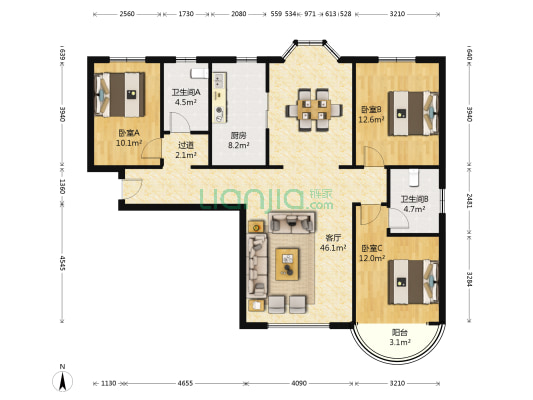 国泰花园 3室1厅2卫 137平方