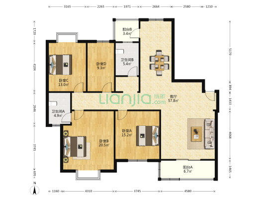 民航家园 4室1厅2卫 220平方
