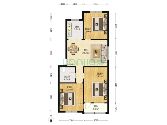 万花新村 3室1厅1卫 105平方