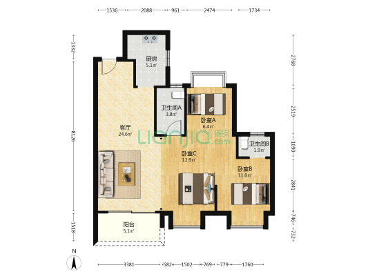 绿地海德公馆 3室1厅2卫 95平方