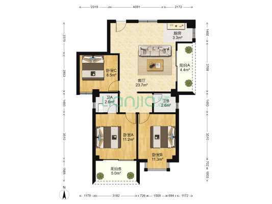 中房翡翠园一期 3室1厅2卫 87平方
