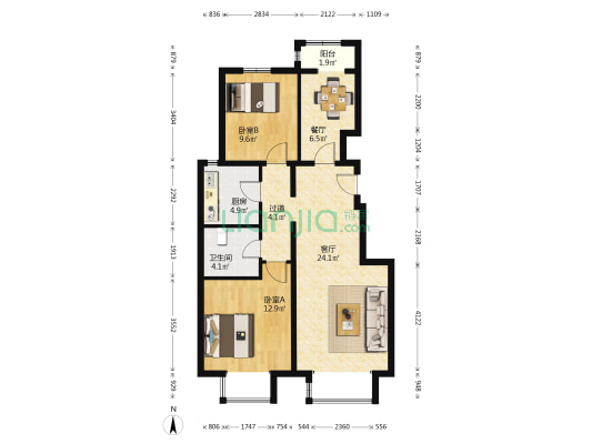 禾香雅园二期 2室2厅1卫 94平方