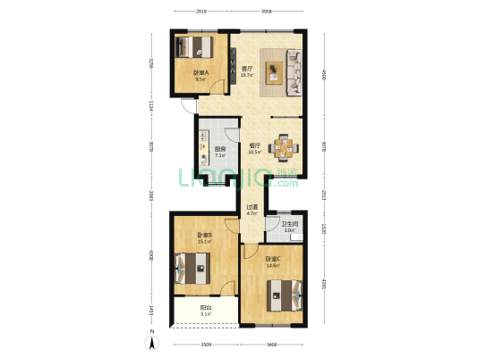 解放路49号 3室2厅1卫 109平方