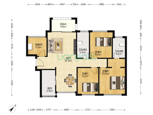 宏发世纪城二期 3室1厅2卫 107平方