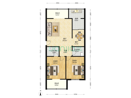 霁虹园小区 2室2厅2卫 109平方