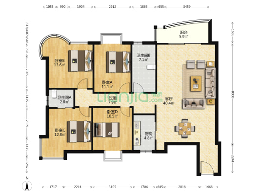 建发小区 4室1厅2卫 141平方