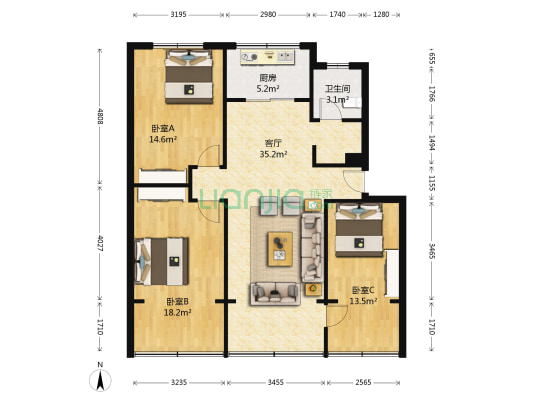 江郊公寓A座 3室1厅1卫 89平方