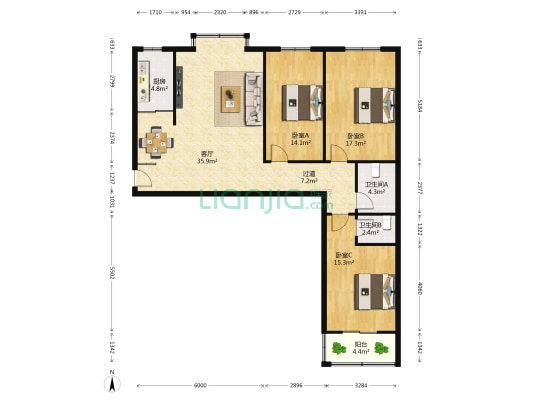 舒心家园 3室1厅2卫 137平方