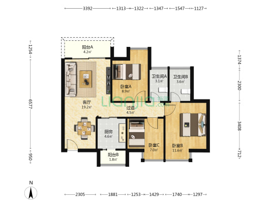泰福苑 3室1厅2卫 87平方