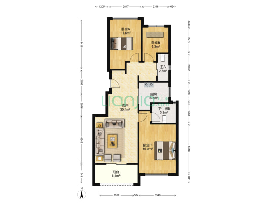 溪望尚庭 3室1厅2卫 89平方