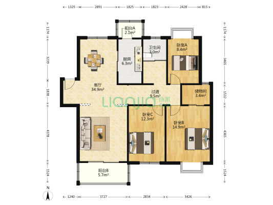 盛北花园 3室1厅1卫 123平方