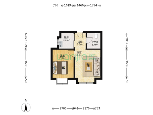 香缇雅境49.5平 单身公寓 简装 产证在手-户型图