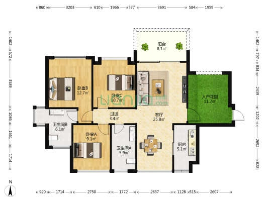 庆豪·万景峯 3室1厅2卫 99平方