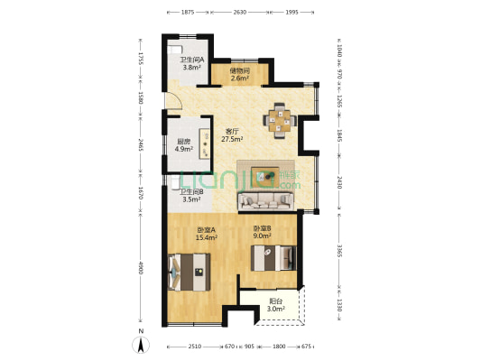 余姚宝龙广场 2室1厅2卫 88平方