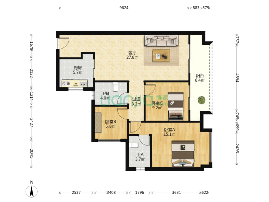 中海雍景熙岸 3室1厅2卫 102平方