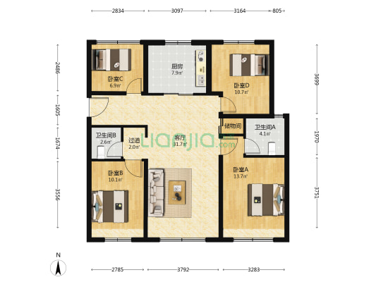 德贤华府 4室1厅2卫 127平方