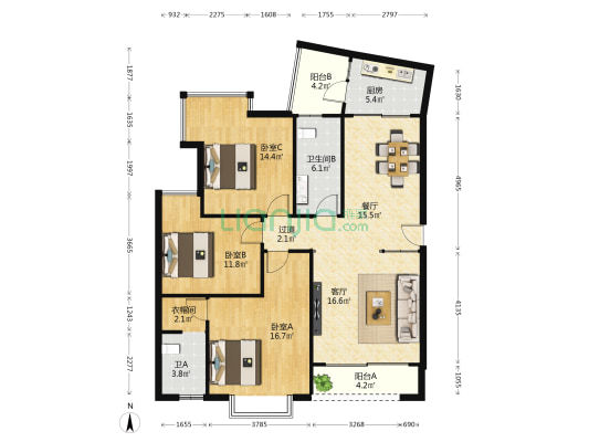 海岸警苑小区 3室2厅2卫 127平方