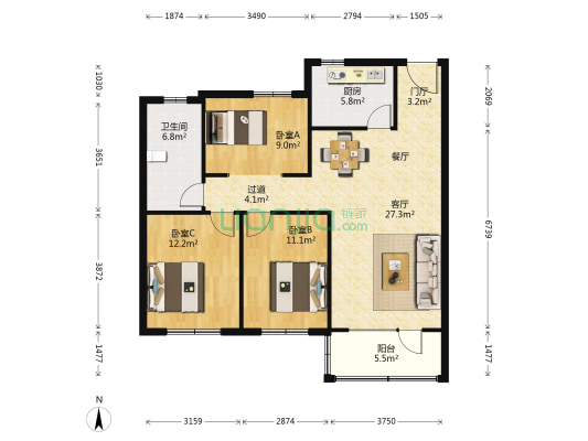 齐润花园 3室1厅1卫 129平方