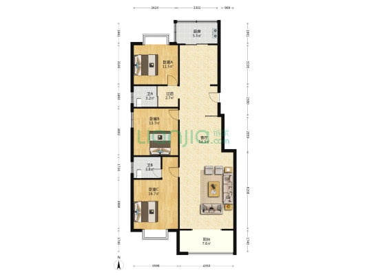九龙湖公寓 3室1厅2卫 149平方