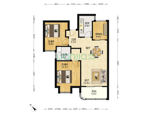 水晶地铁公元 2室1厅1卫 88平方