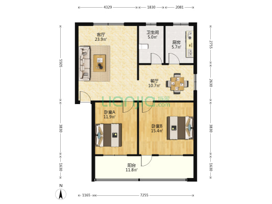 合纱场家属院2号院 2室2厅1卫 93平方
