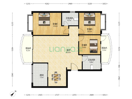 狮城苑 3室1厅2卫 126平方