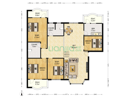 金马花园 2室1厅2卫 165平方