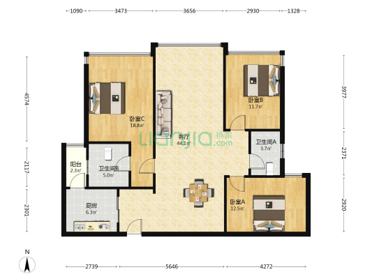 康怡江畔华府 3室1厅2卫 130平方