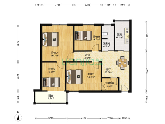 安庆路119号 4室1厅1卫 101平方