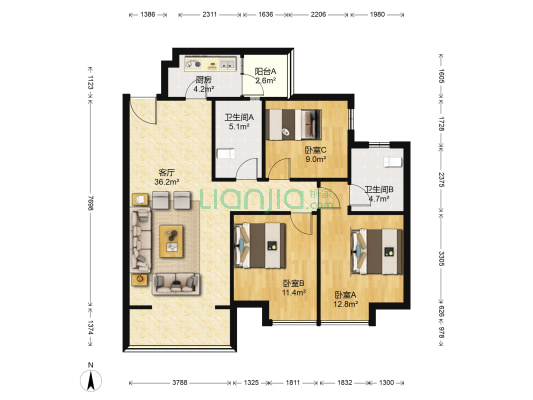 三利麓山城蔚然集 3室1厅2卫 107平方