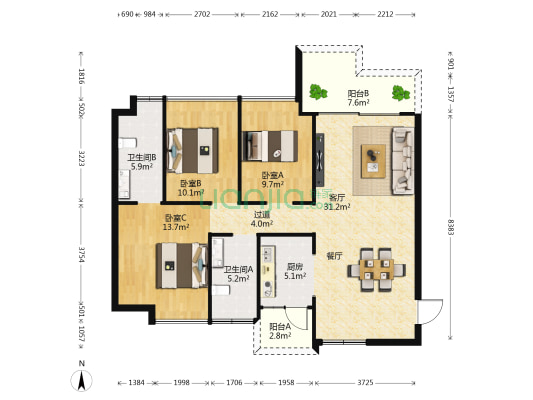 嘉德花园 3室1厅2卫 116平方