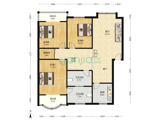 中铁小区 3室1厅2卫 139平方