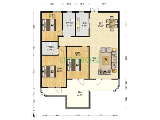 康馨云墅 3室2厅2卫 142平方